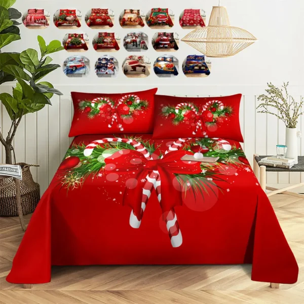 Christmas Bed Sheet Set Queen 240x220cm Bedsheets with Pillows Case Red Bedding Cover King Size Soft for Single Double Beds Thin